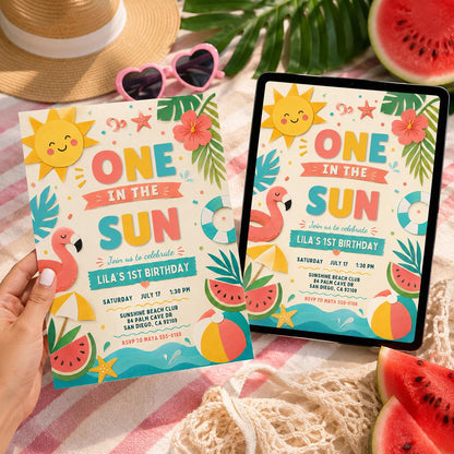 One in the Sun First Birthday Invitation for Girls — digital invitation, instant download