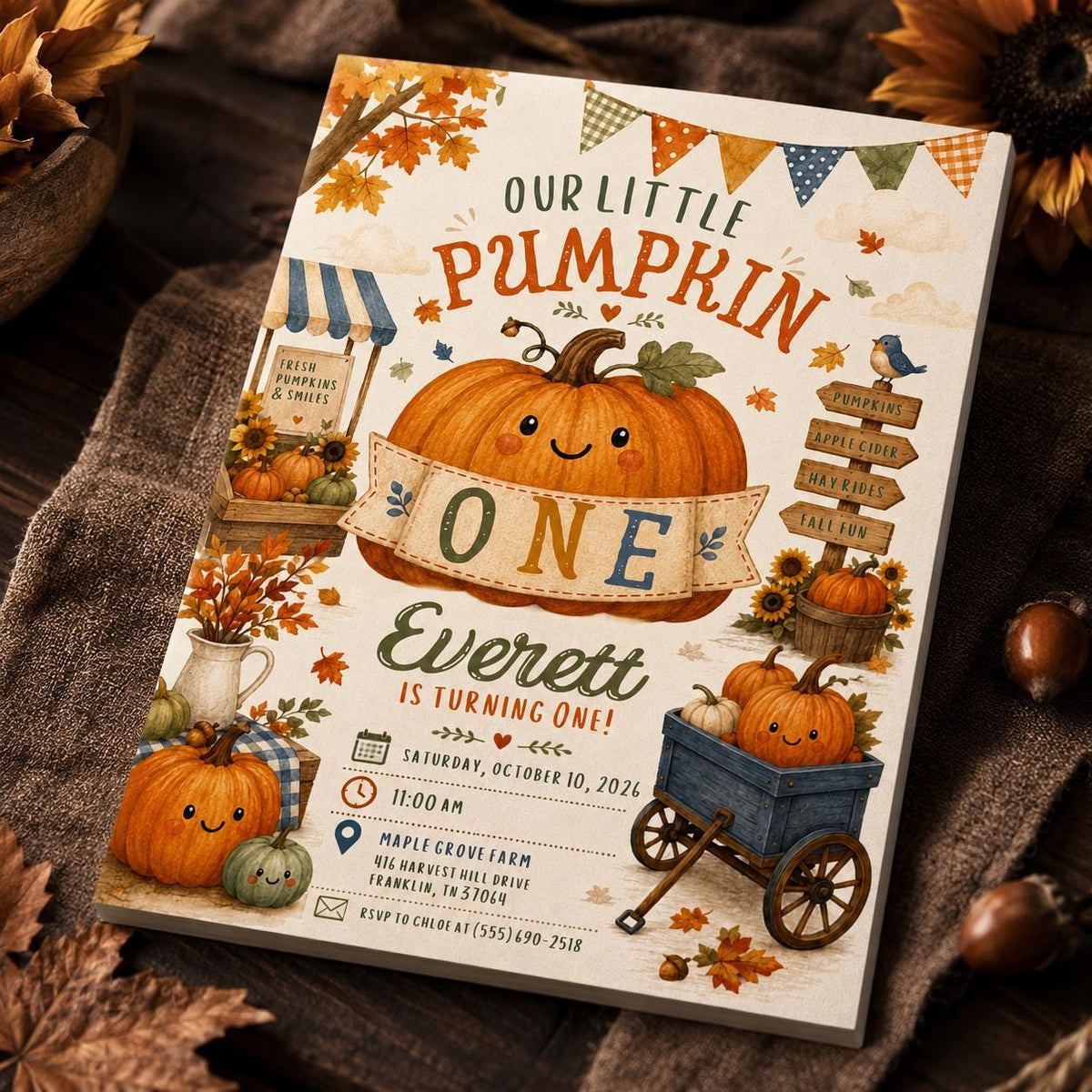 One Little Pumpkin First Birthday Invitation for Girls — invitation you personalize in Canva