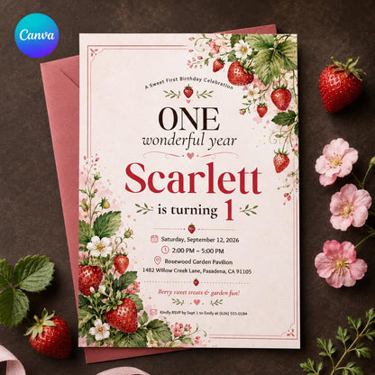 One Wonderful Year Strawberry First Birthday Invitation — editable Canva template