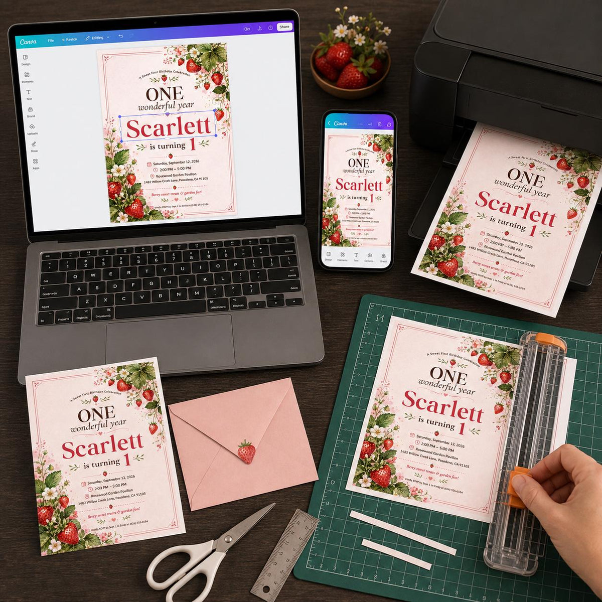 One Wonderful Year Strawberry First Birthday Invitation — print-ready first birthday design from VoltBy