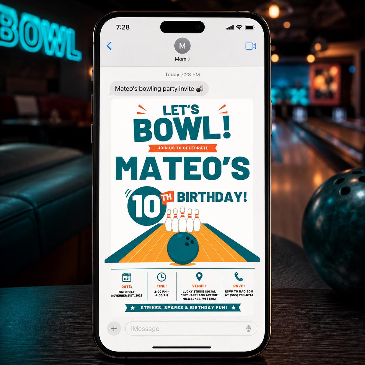 Orange and Teal Bowling 10th Birthday Invitation — invitation you personalize in Canva