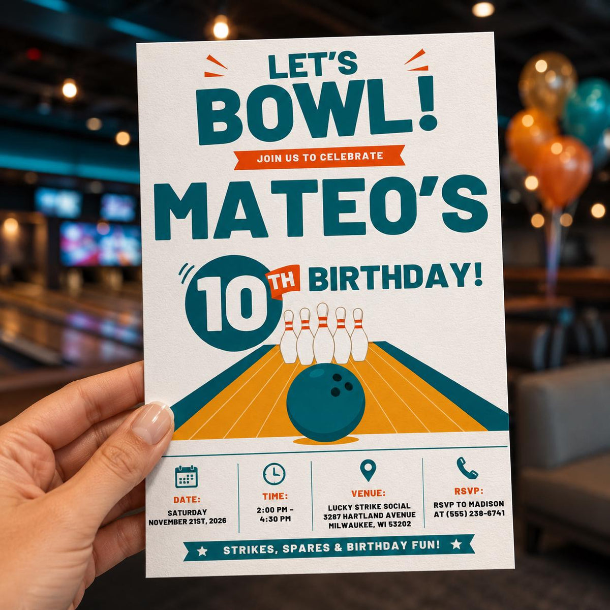 Orange and Teal Bowling 10th Birthday Invitation — modern 10th birthday party design