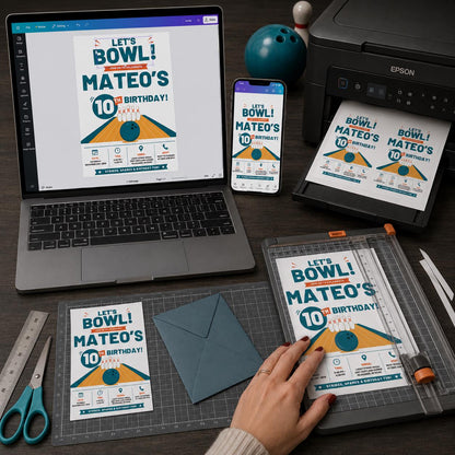 Orange and Teal Bowling 10th Birthday Invitation — print-ready 10th birthday party design from VoltBy