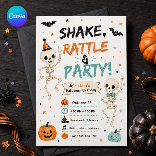 Orange and Teal Skeleton Halloween Birthday Invitation — editable Canva template