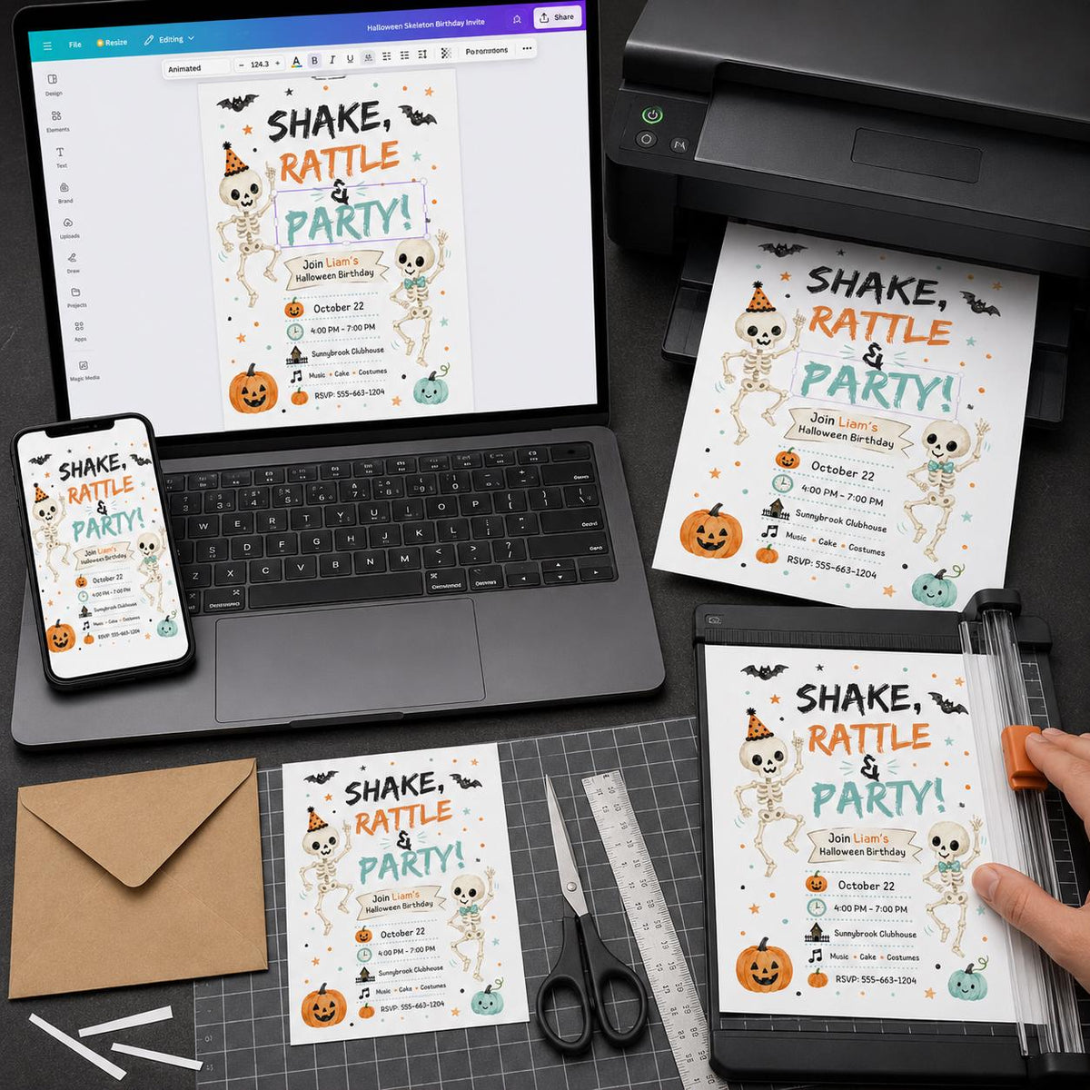 Orange and Teal Skeleton Halloween Birthday Invitation — print-ready birthday party design from VoltBy