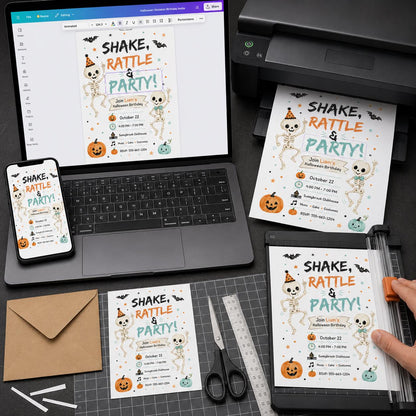 Orange and Teal Skeleton Halloween Birthday Invitation — print-ready birthday party design from VoltBy