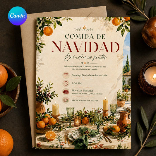 Orange Elegant Spanish Christmas Lunch Invitation — editable Canva template
