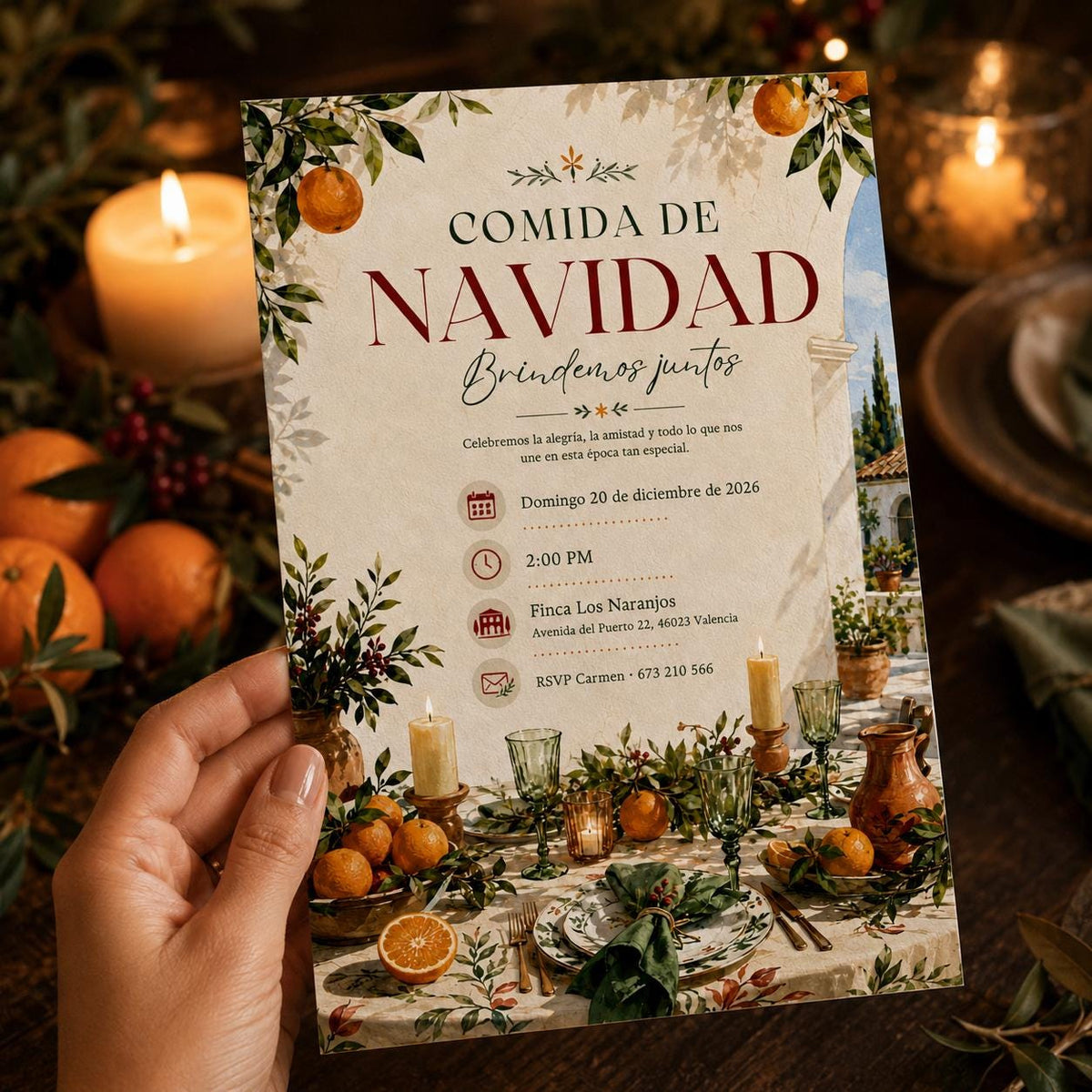 Orange Elegant Spanish Christmas Lunch Invitation — print-ready Christmas celebration design from VoltBy