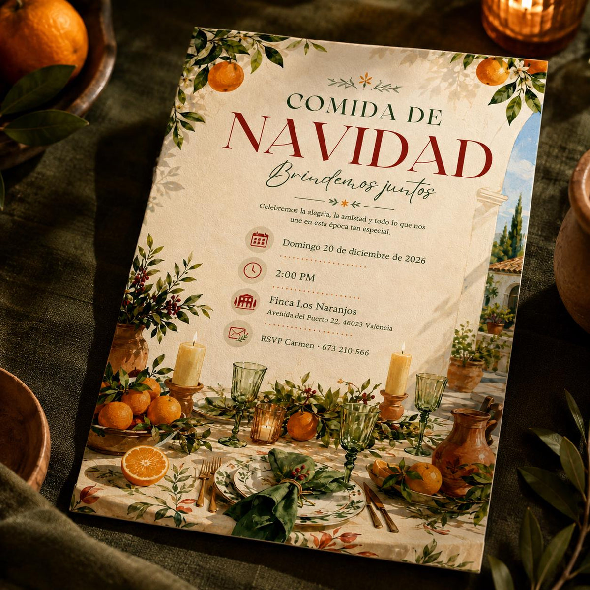 Orange Elegant Spanish Christmas Lunch Invitation — Christmas celebration stationery by VoltBy