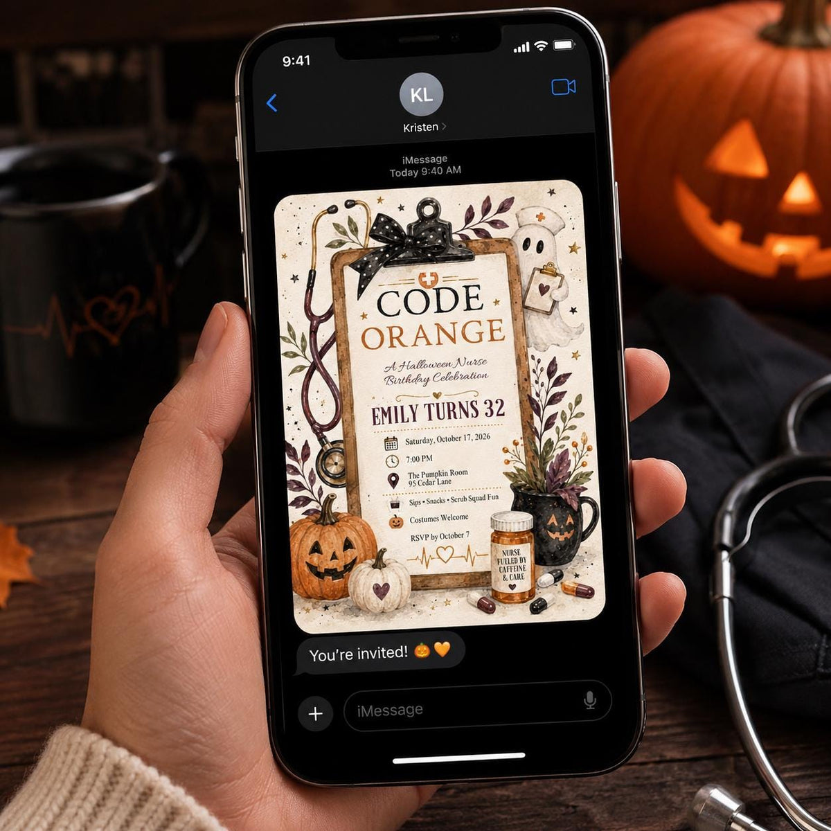 Orange Halloween Nurse 32nd Birthday Invitation — invitation you personalize in Canva