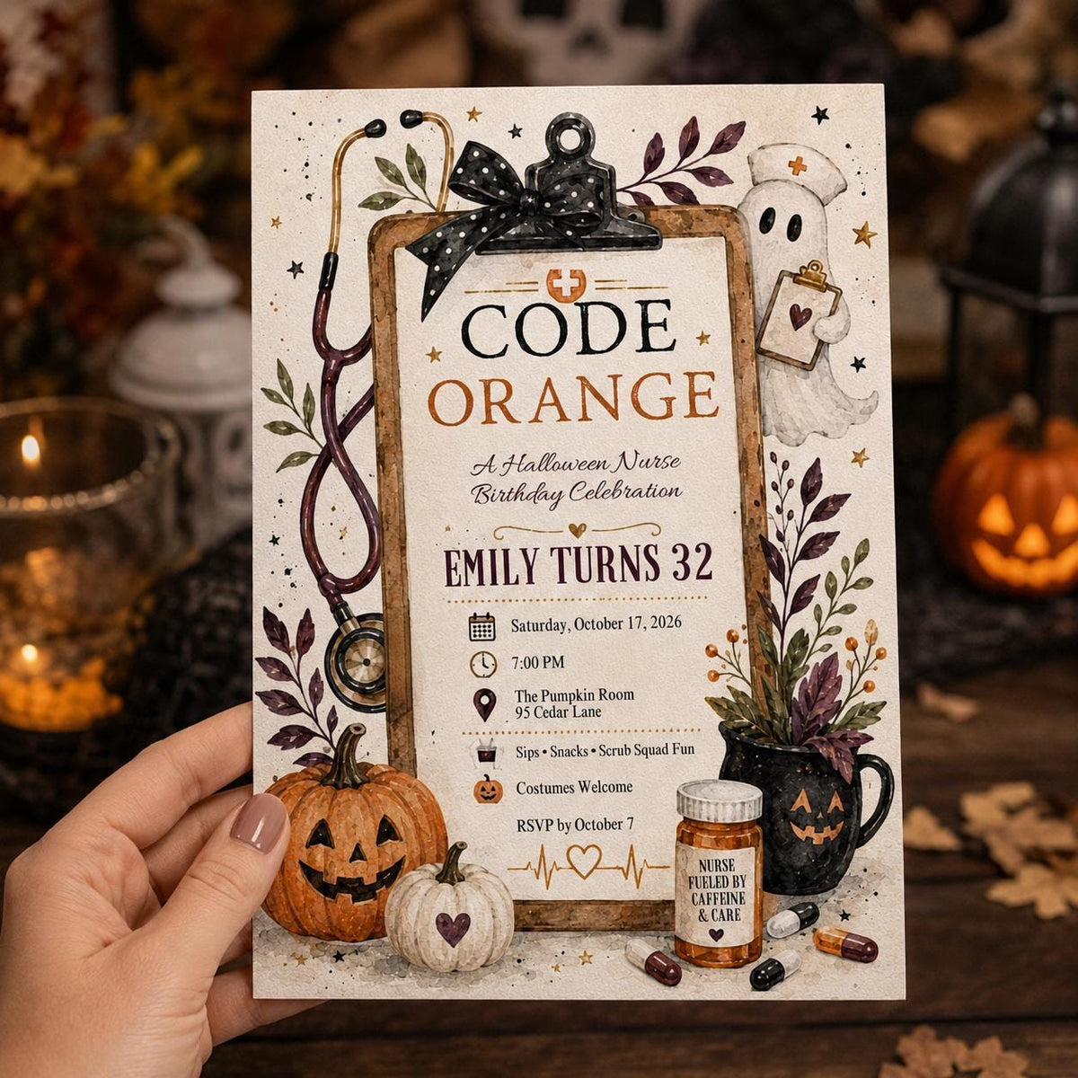 Orange Halloween Nurse 32nd Birthday Invitation — print-ready 32nd birthday party design from VoltBy