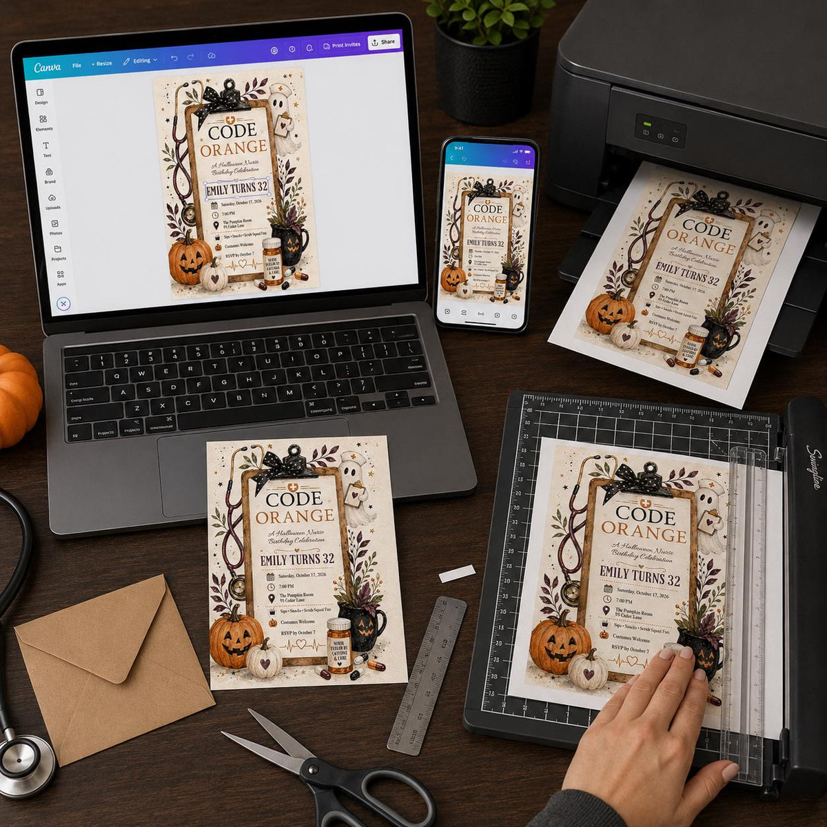 Orange Halloween Nurse 32nd Birthday Invitation — digital invitation, instant download