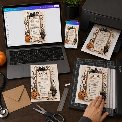 Orange Halloween Nurse 32nd Birthday Invitation — digital invitation, instant download