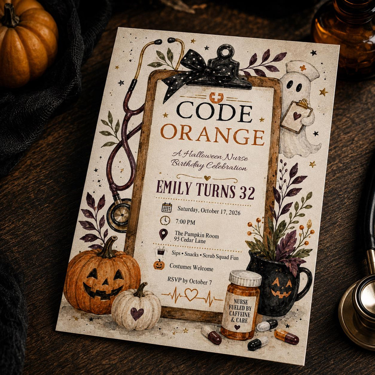 Orange Halloween Nurse 32nd Birthday Invitation — 32nd birthday party stationery by VoltBy