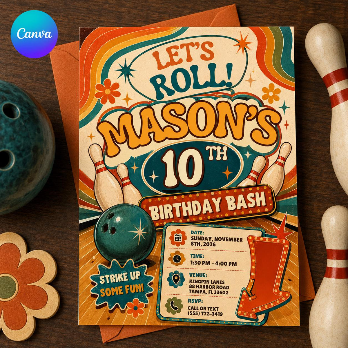 Orange Let's Roll Bowling 10th Birthday Invitation — editable Canva template
