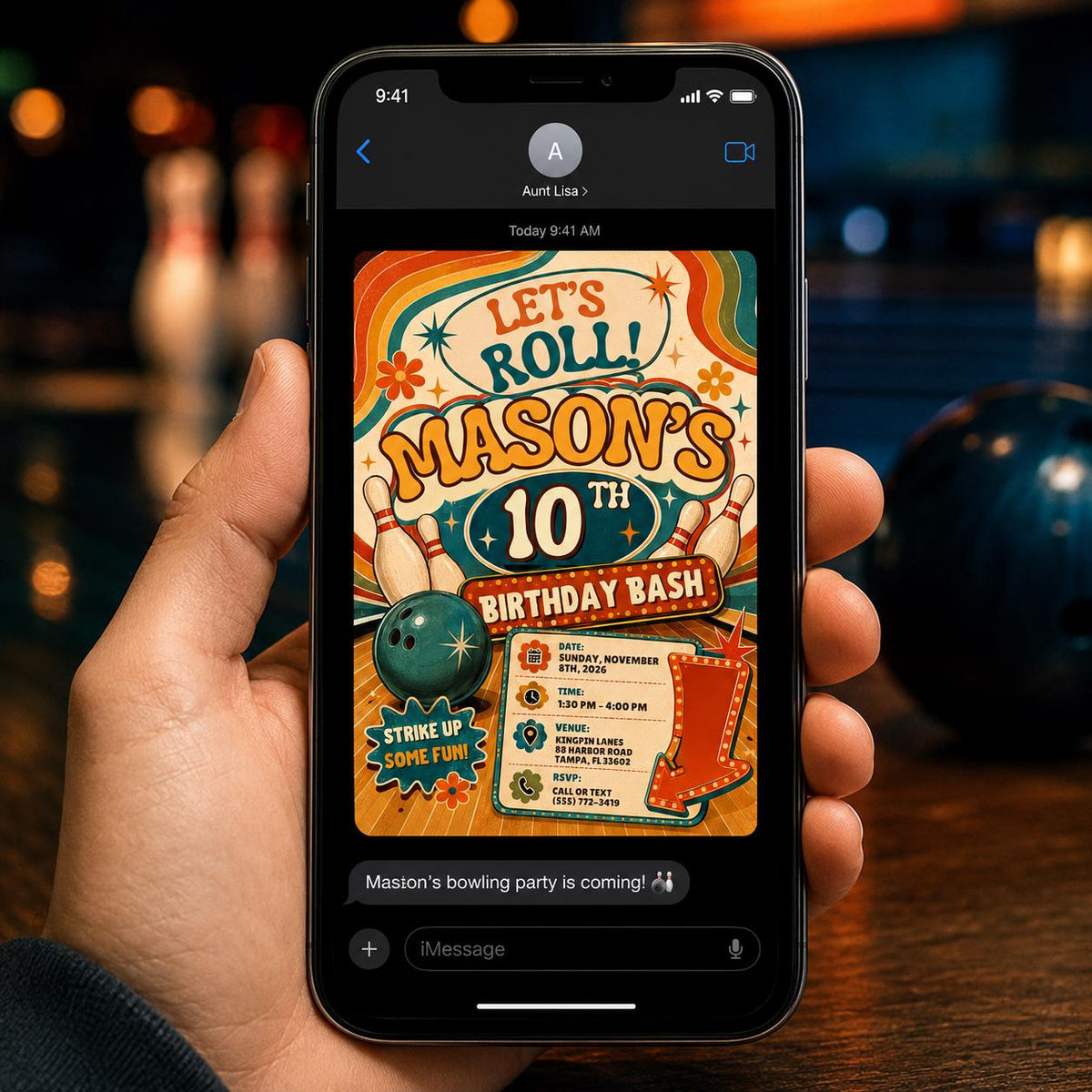Orange Let's Roll Bowling 10th Birthday Invitation in cream