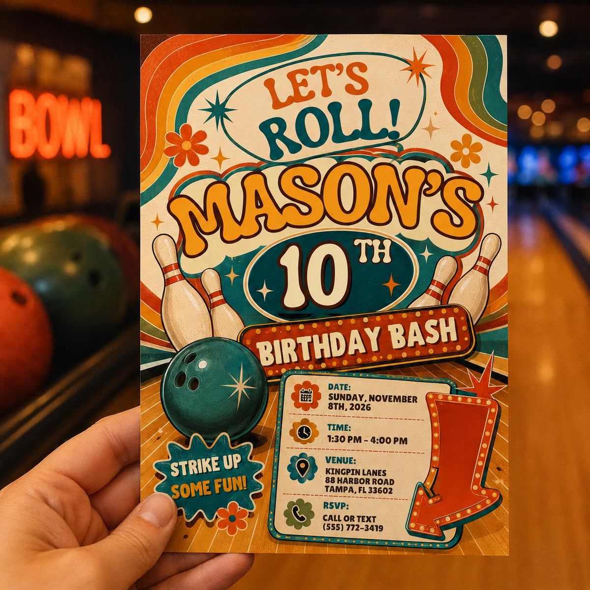 Orange Let's Roll Bowling 10th Birthday Invitation — invitation you personalize in Canva