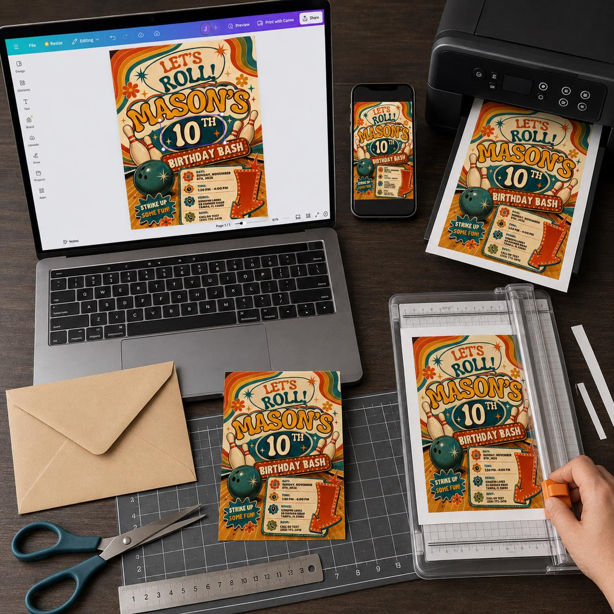 Orange Let's Roll Bowling 10th Birthday Invitation — retro 10th birthday party design