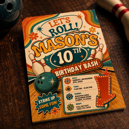 Orange Let's Roll Bowling 10th Birthday Invitation — print-ready 10th birthday party design from VoltBy