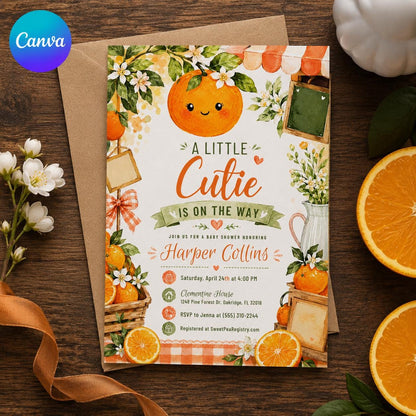Orange Little Cutie Baby Shower Invitation — editable Canva template