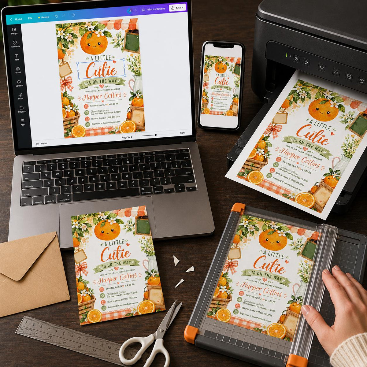 Orange Little Cutie Baby Shower Invitation — invitation you personalize in Canva