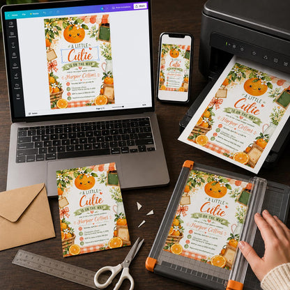 Orange Little Cutie Baby Shower Invitation — invitation you personalize in Canva