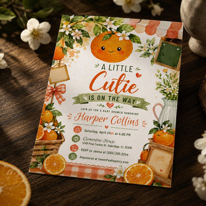 Orange Little Cutie Baby Shower Invitation — print-ready baby shower design from VoltBy