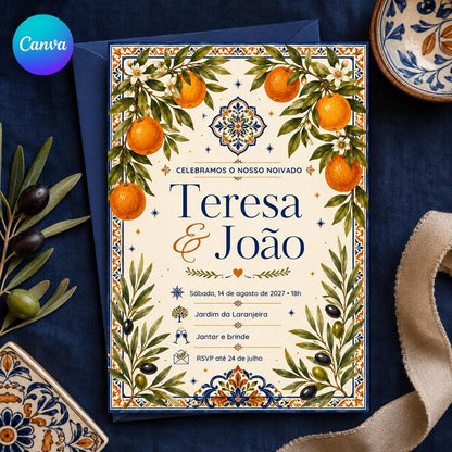 Orange Portuguese Engagement Invitation — editable Canva template