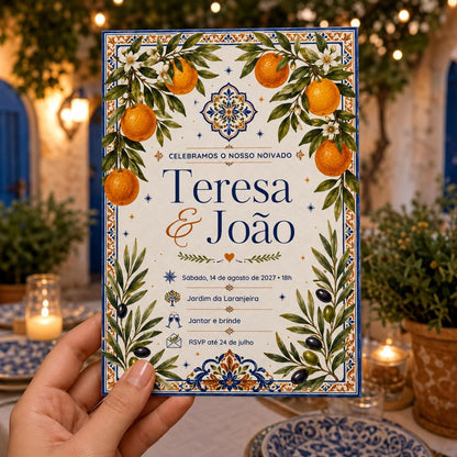 Orange Portuguese Engagement Invitation — invitation you personalize in Canva