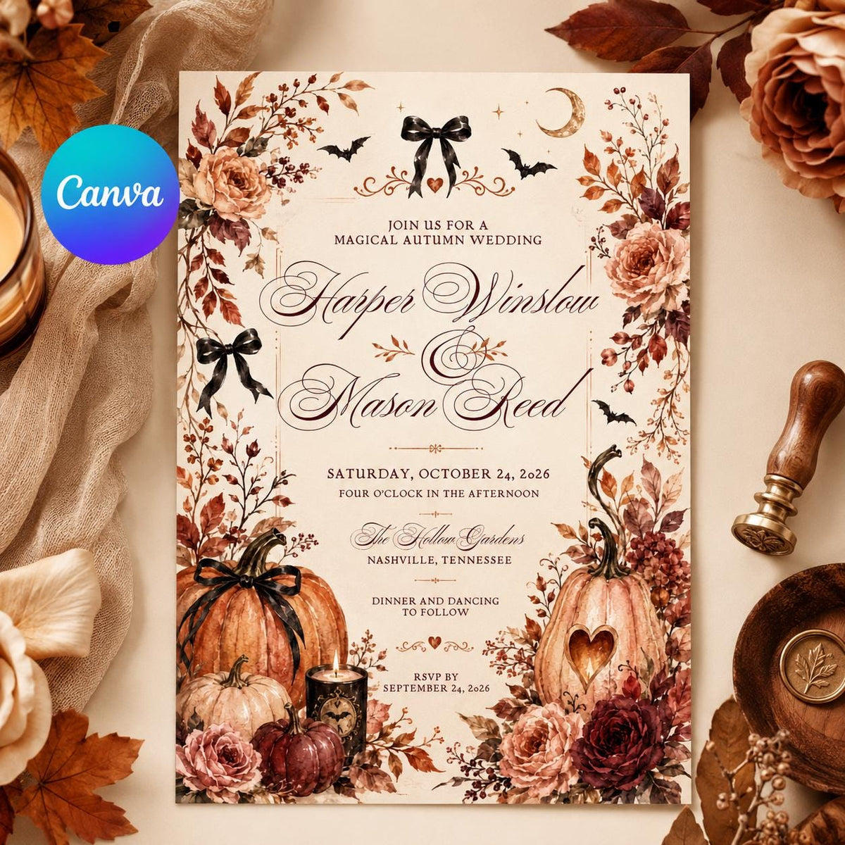 Orange Rustic Fall Wedding Invitation — editable Canva template