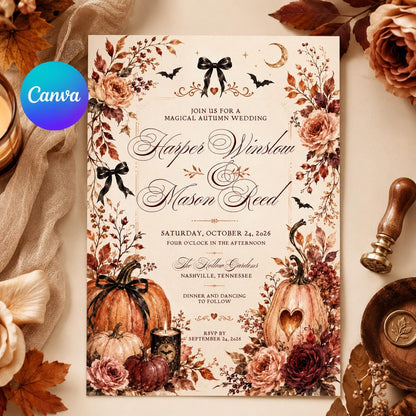 Orange Rustic Fall Wedding Invitation — editable Canva template