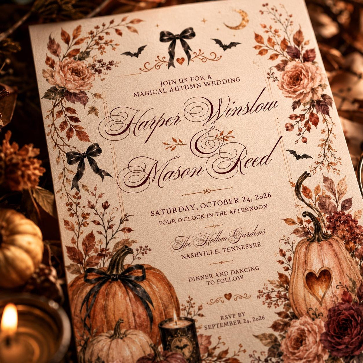 Orange Rustic Fall Wedding Invitation — floral and pumpkin design