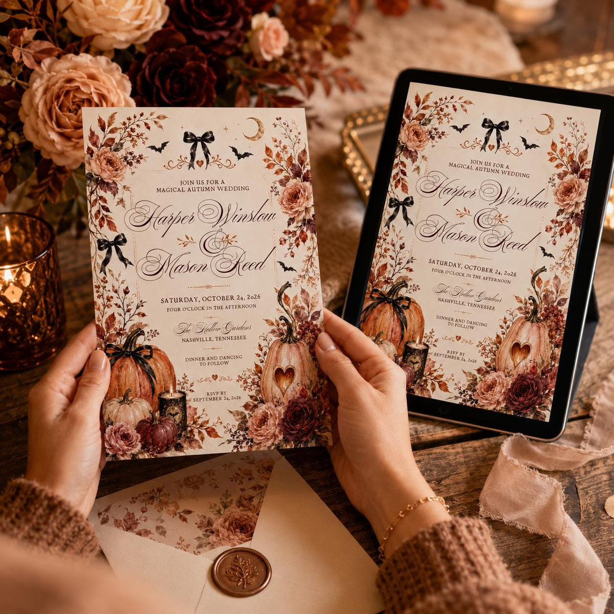 Orange Rustic Fall Wedding Invitation — invitation you personalize in Canva