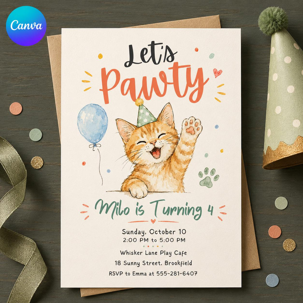 Orange Watercolor Cat 4th Birthday Invitation — editable Canva template