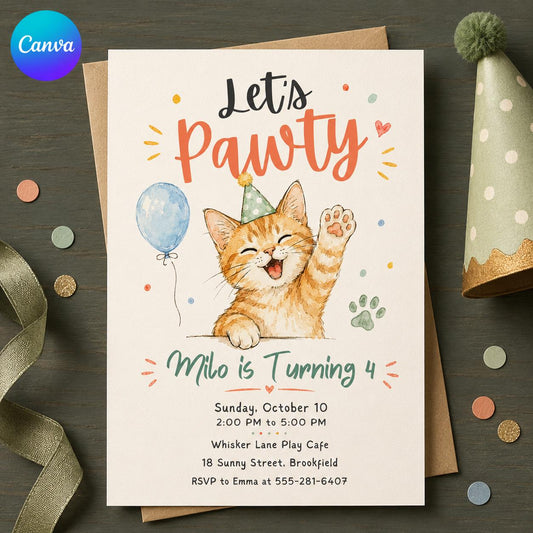 Orange Watercolor Cat 4th Birthday Invitation — editable Canva template