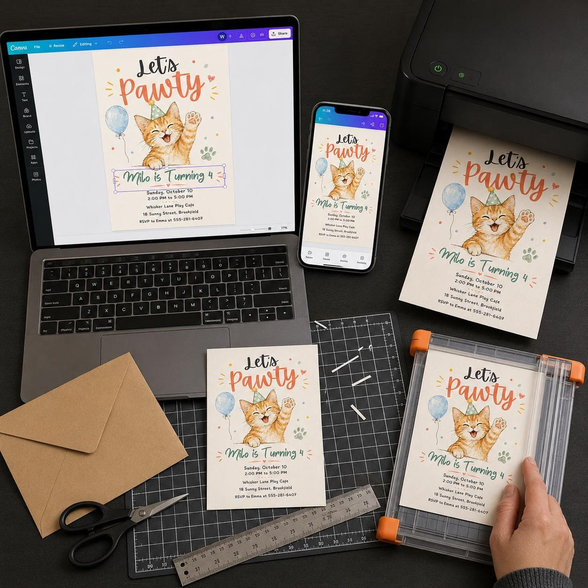 Orange Watercolor Cat 4th Birthday Invitation — invitation you personalize in Canva