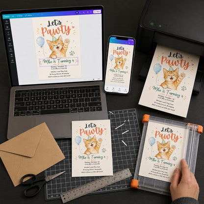 Orange Watercolor Cat 4th Birthday Invitation — invitation you personalize in Canva