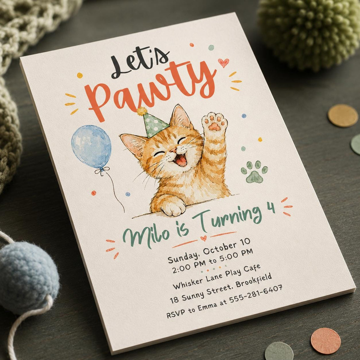 Orange Watercolor Cat 4th Birthday Invitation — print-ready 4th birthday party design from VoltBy