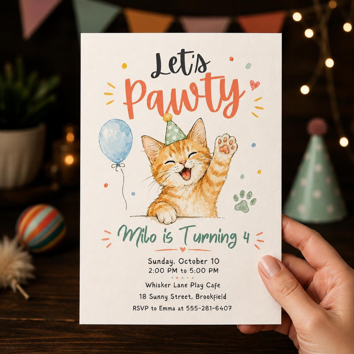 Orange Watercolor Cat 4th Birthday Invitation — digital invitation, instant download