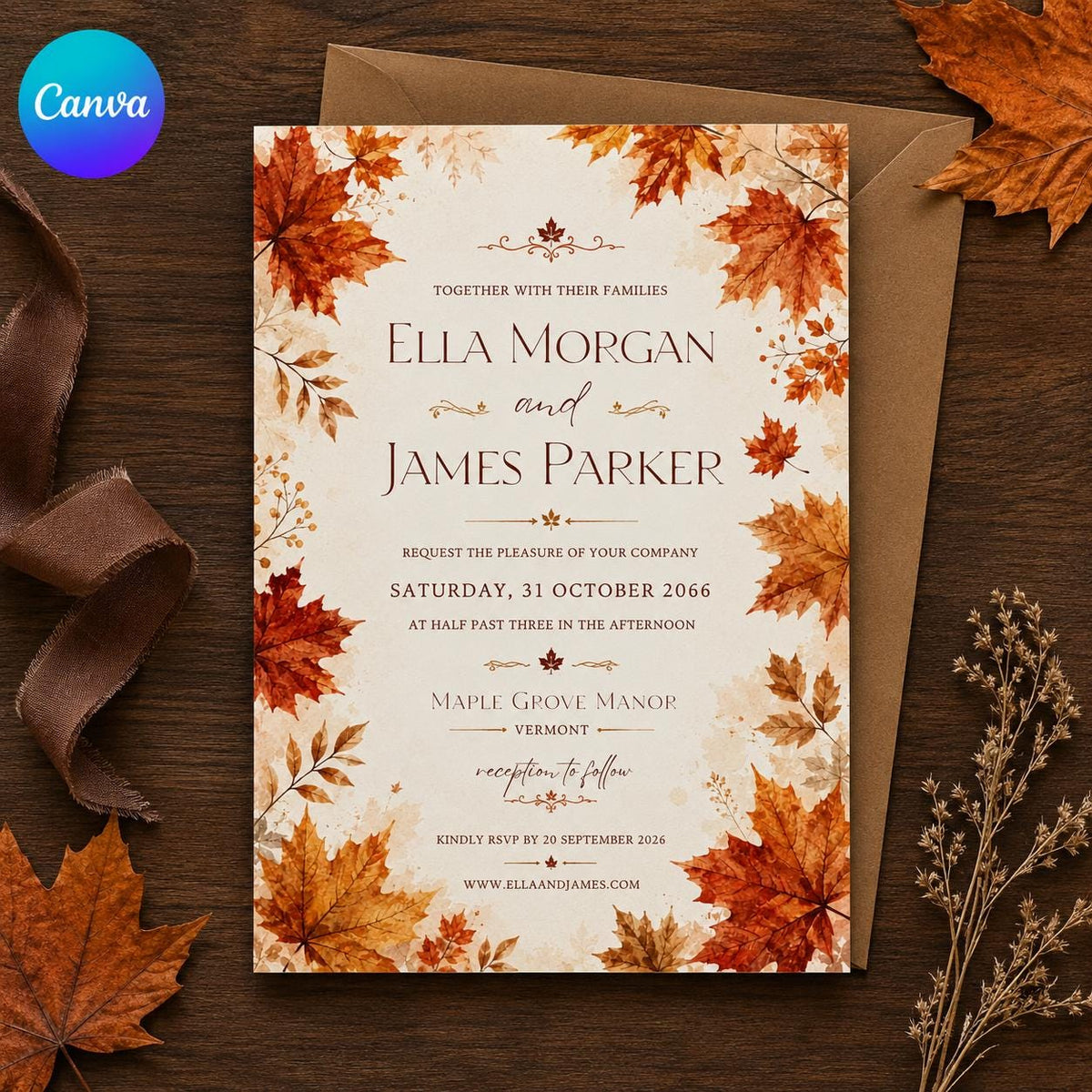 Orange Watercolor Fall Wedding Invitation — editable Canva template