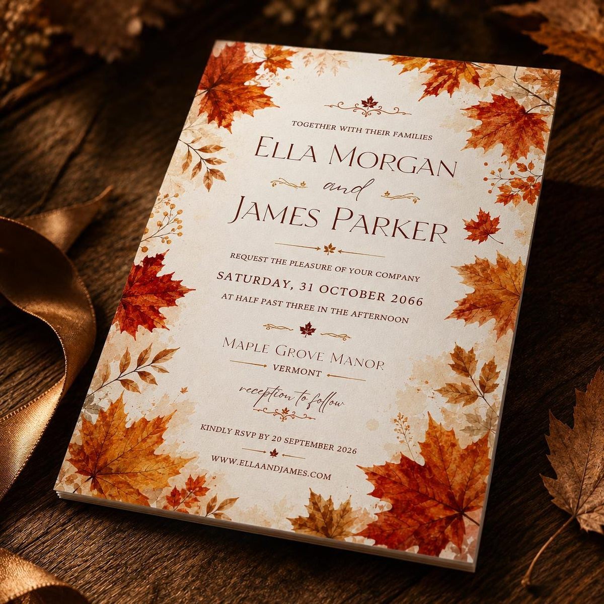 Orange Watercolor Fall Wedding Invitation — leaf design