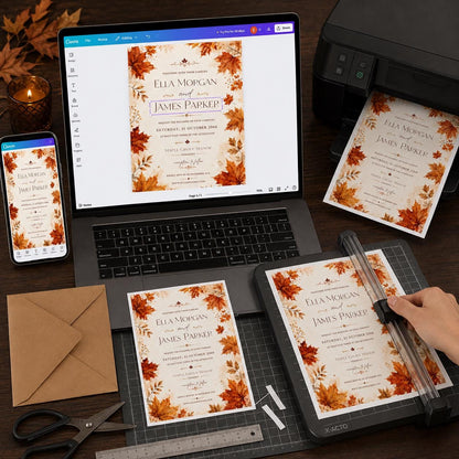 Orange Watercolor Fall Wedding Invitation — print-ready wedding design from VoltBy