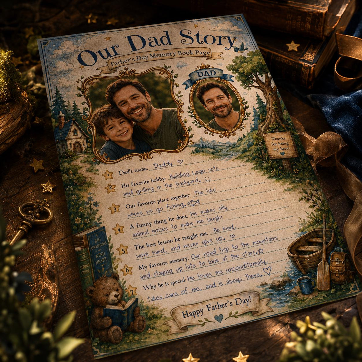 Our Dad Story Father's Day Memory Page in blue and cream
