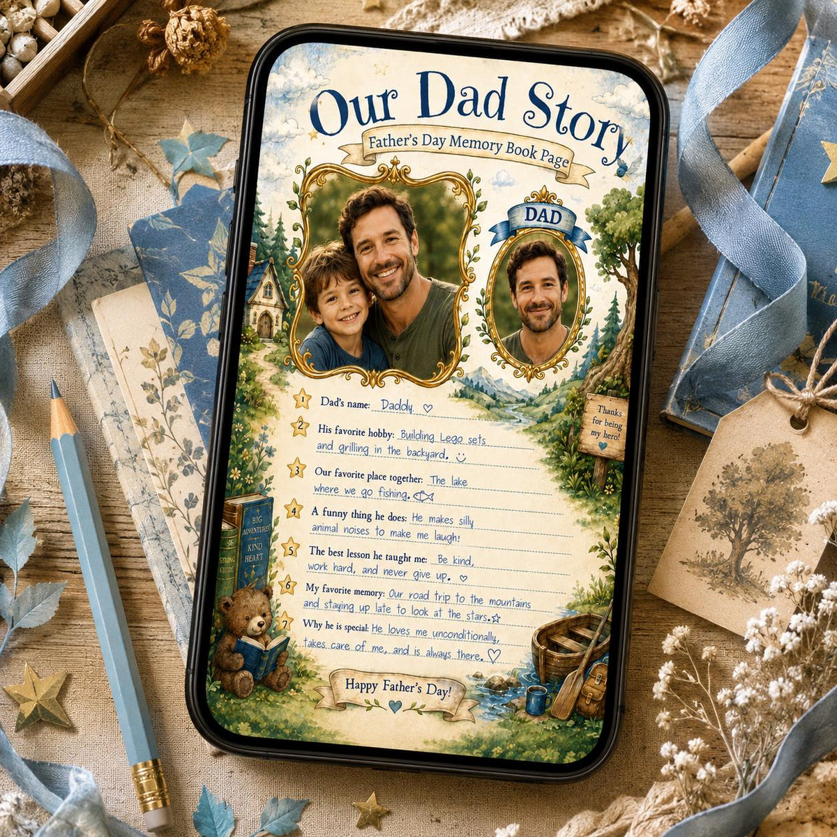 Our Dad Story Father's Day Memory Page — castle and storybook artwork in blue and cream