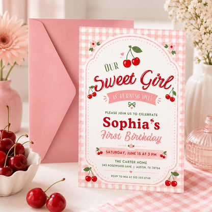 Our Sweet Girl Cherry First Birthday Invitation — print-ready first birthday design from VoltBy