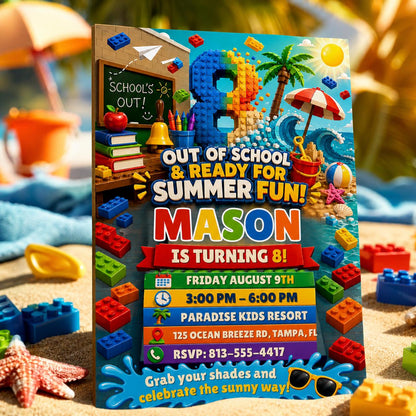 Out of School Summer Fun 8th Birthday Block Party Invitation — building blocks and beach design for a 8th birthday party