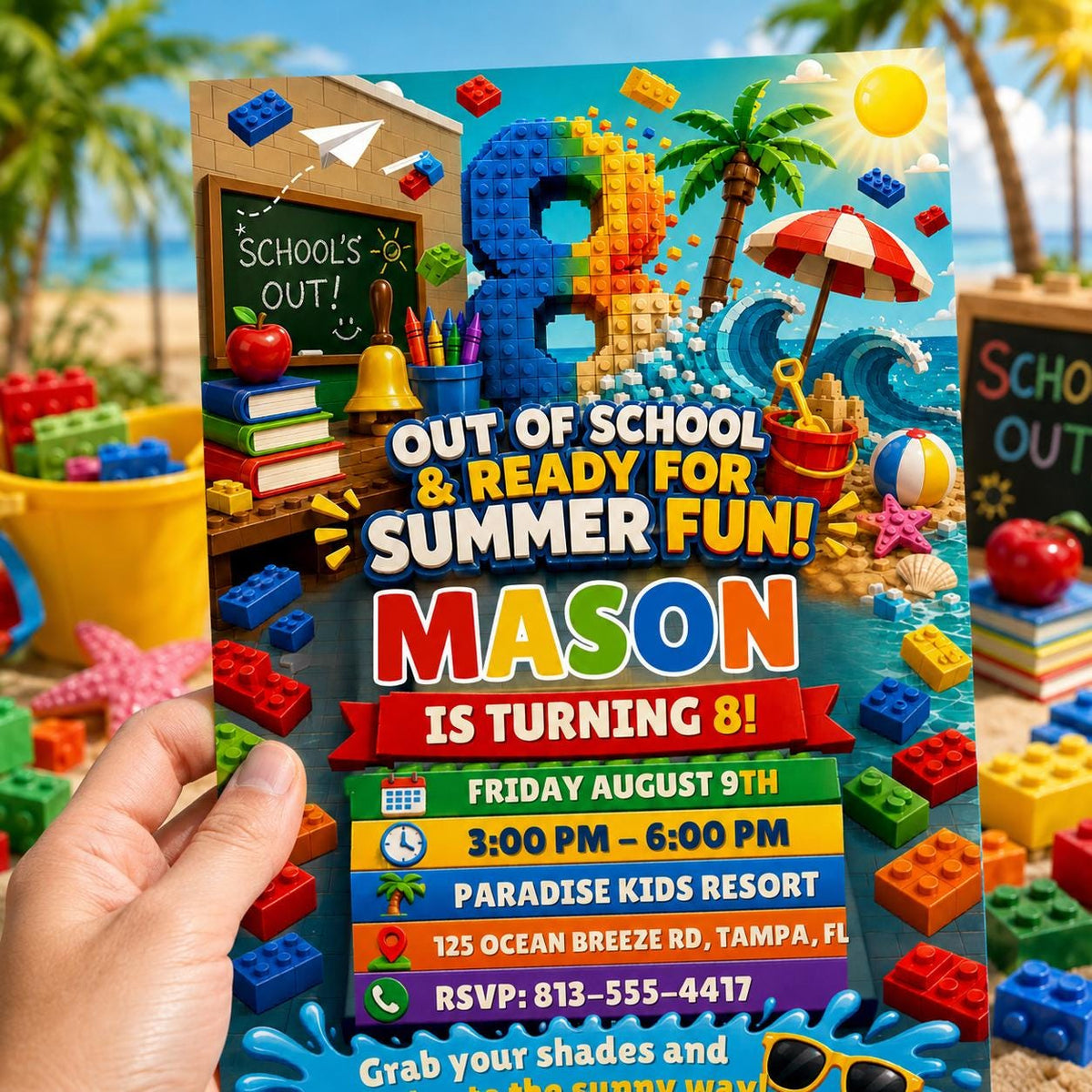 Out of School Summer Fun 8th Birthday Block Party Invitation — editable Canva template for a 8th birthday party