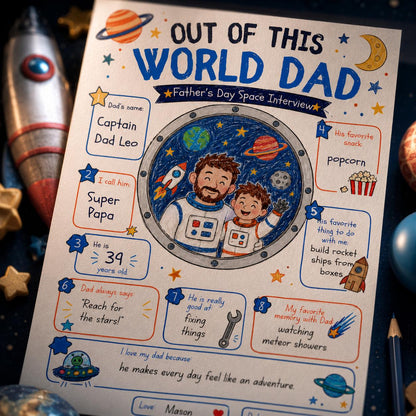 Out of This World Dad Father's Day Worksheet — earth and space artwork in blue and orange