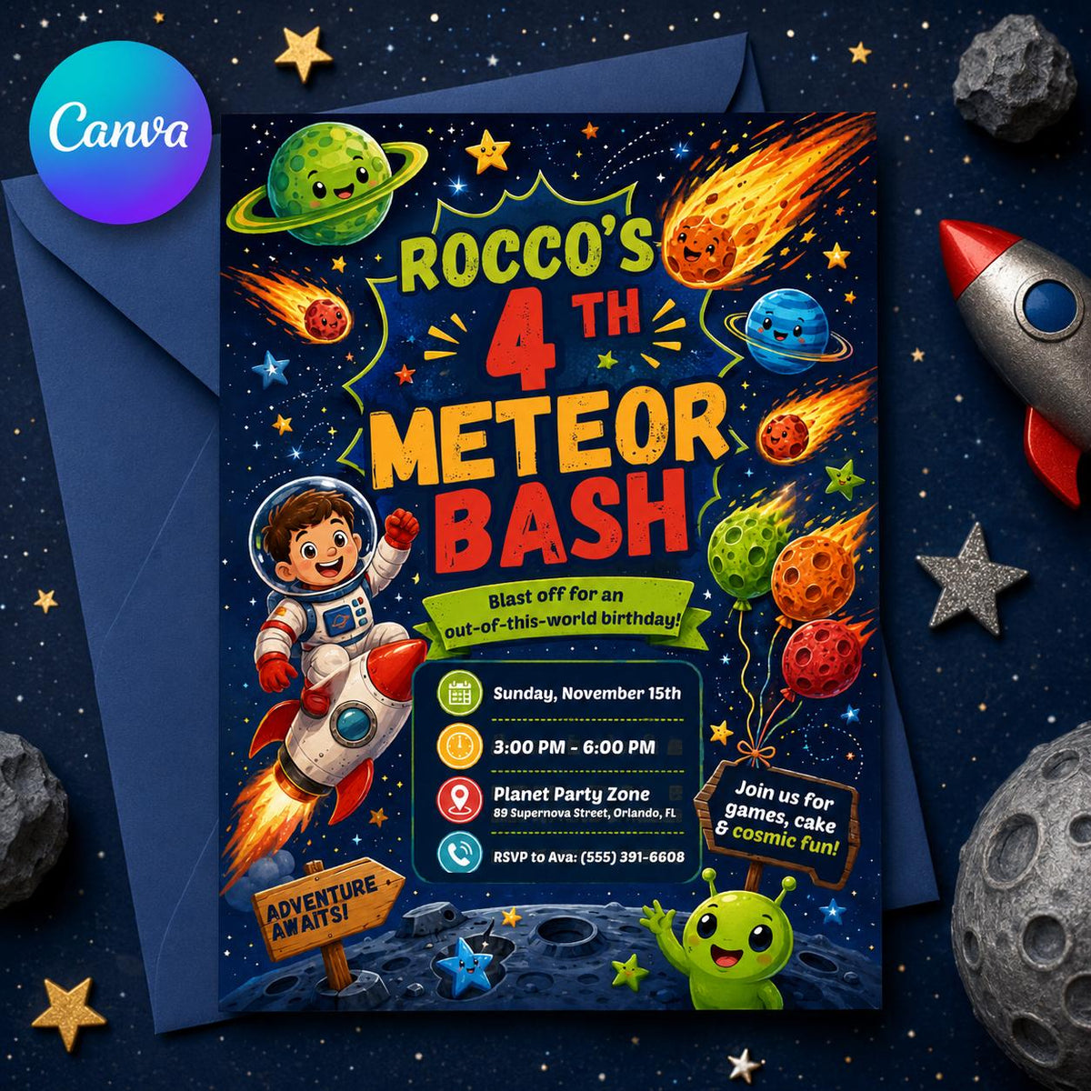Outer Space 4th Birthday Invitation for Boys — editable Canva template