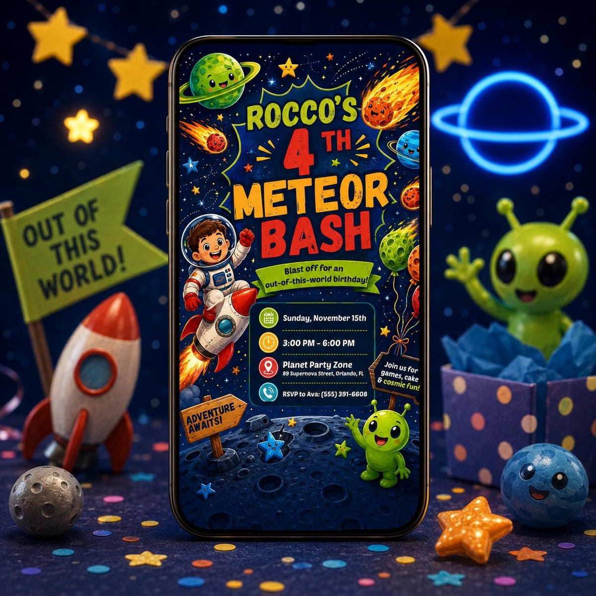 Outer Space 4th Birthday Invitation for Boys — invitation you personalize in Canva